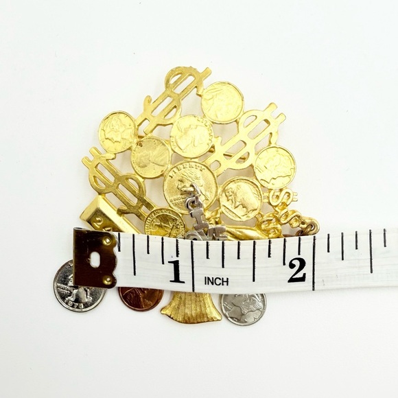 Vintage Money Grows on Trees Brooch Pin Dangling Coin Charms I Love Money Pin - Picture 5 of 5